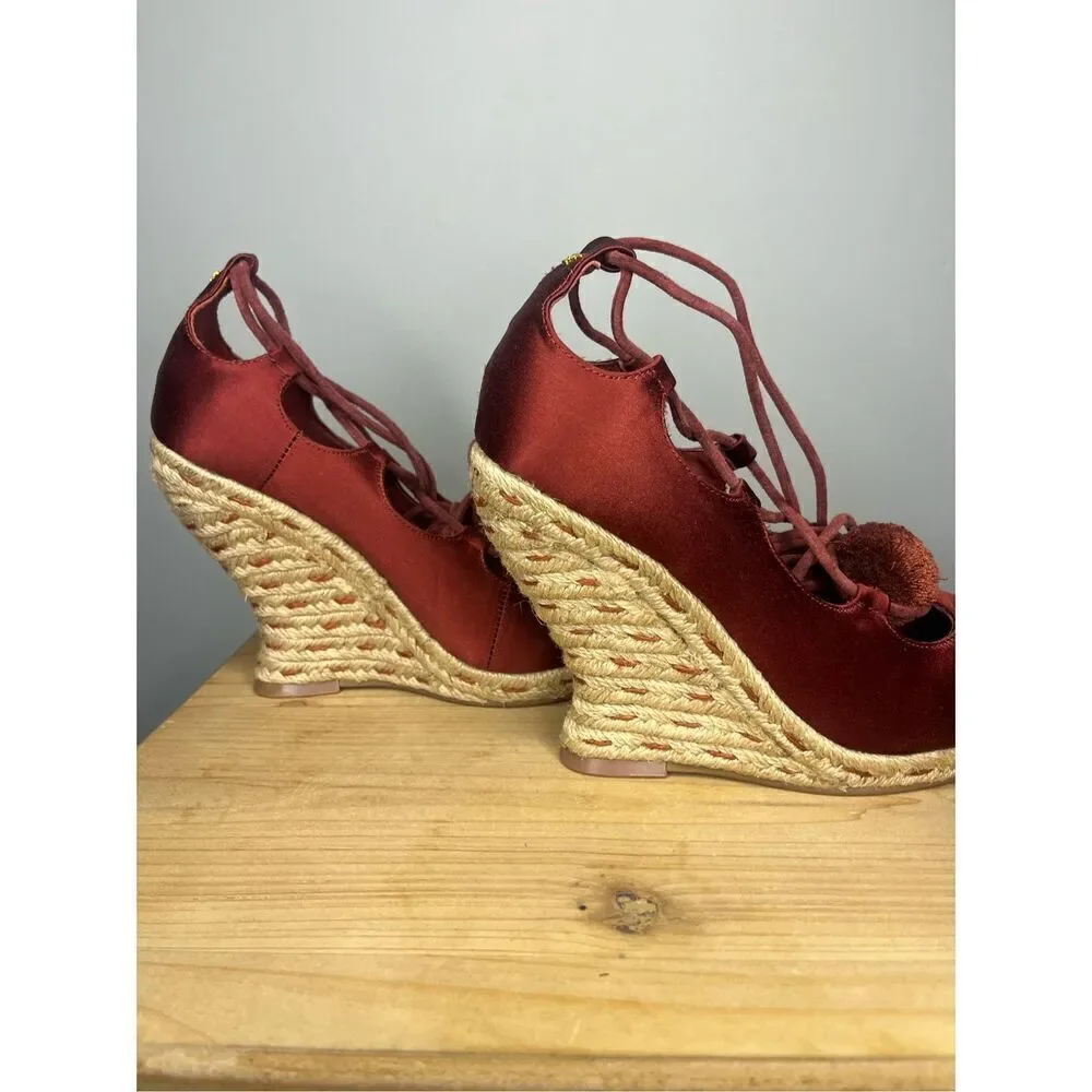 Tory Burch‎ Women's High Heels Wedge Espadrilles Pompoms Satin Merlot Shoes 5.5